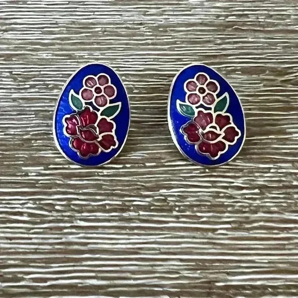 Vintage Cloisonné Enamel Floral Studs Oval Egg Shape Gold Tone Earrings Blue Red - Picture 1 of 4